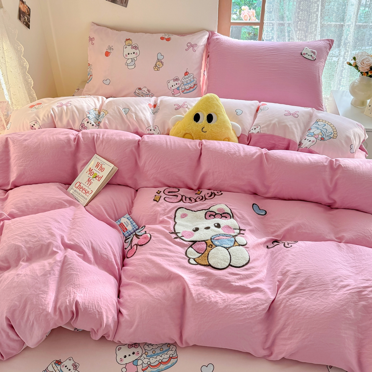 91家纺网 家纺一手货源 找家纺 优卡迪家纺馆 2026新款水洗棉印加绣四件套 蛋糕KT-浅粉