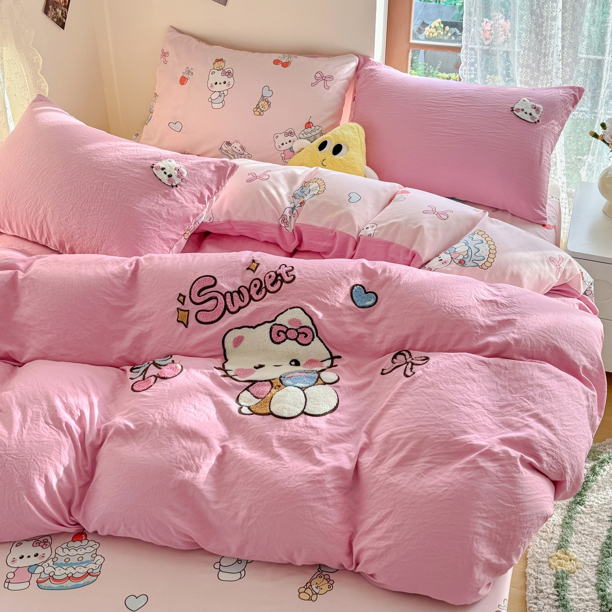 91家纺网 家纺一手货源 找家纺 优卡迪家纺馆 2026新款水洗棉印加绣四件套 蛋糕KT-浅粉