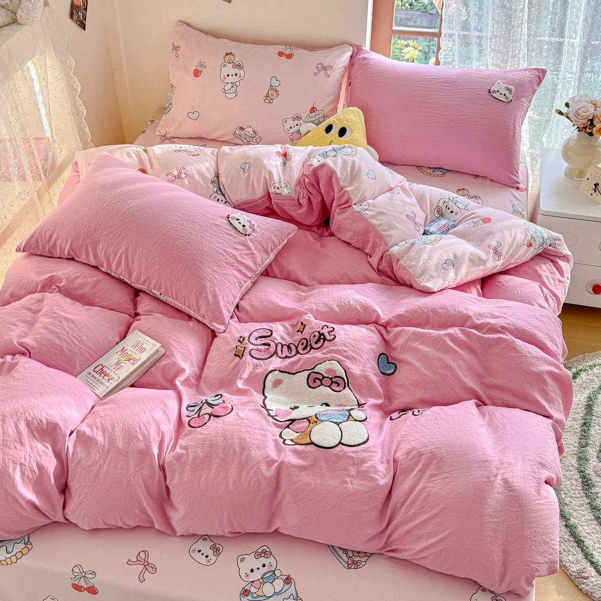 91家纺网 家纺一手货源 找家纺 优卡迪家纺馆 2026新款水洗棉印加绣四件套 蛋糕KT-浅粉