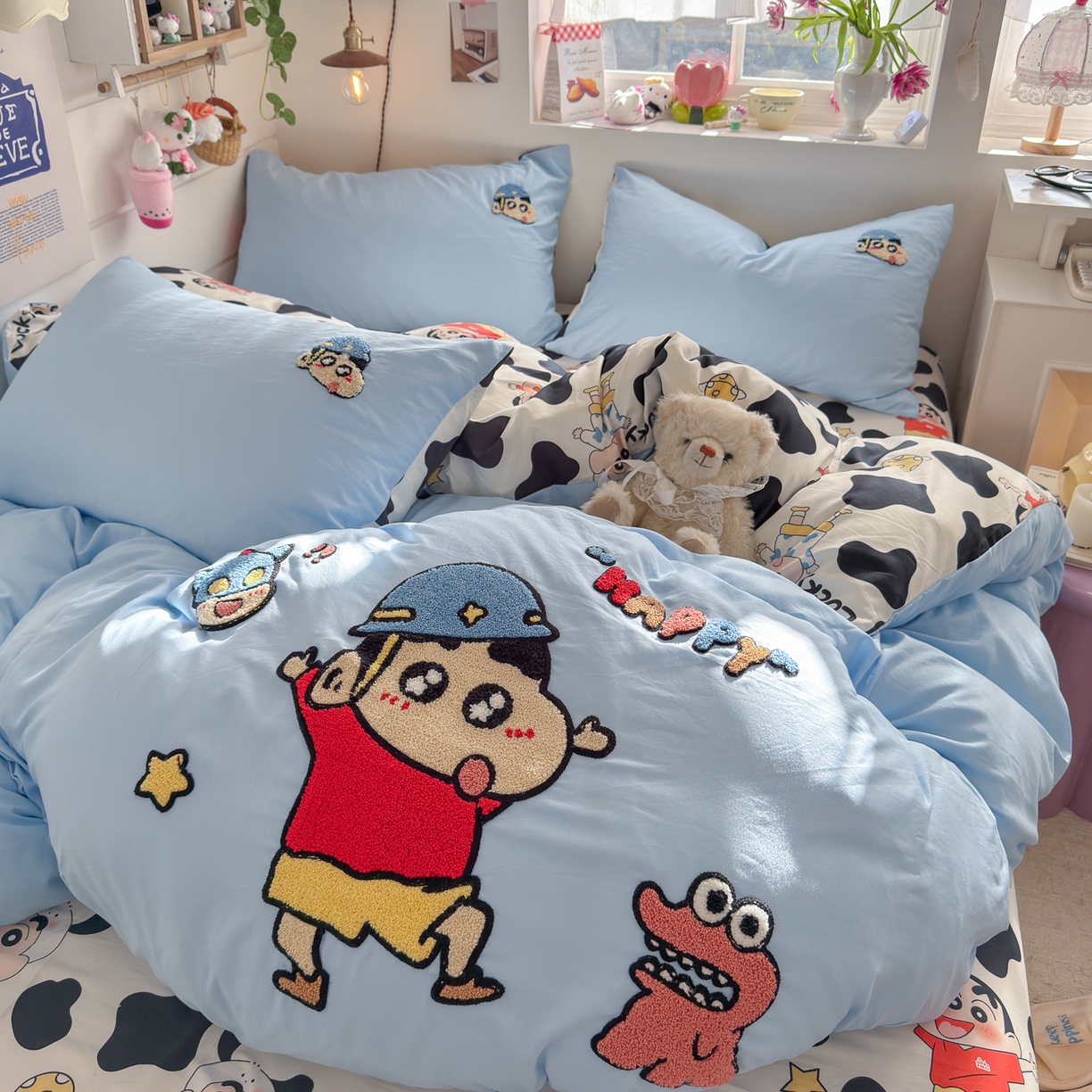 91家纺网 家纺一手货源 找家纺 优卡迪家纺馆 2026新款水洗棉印加绣四件套 动感涂鸭-天蓝