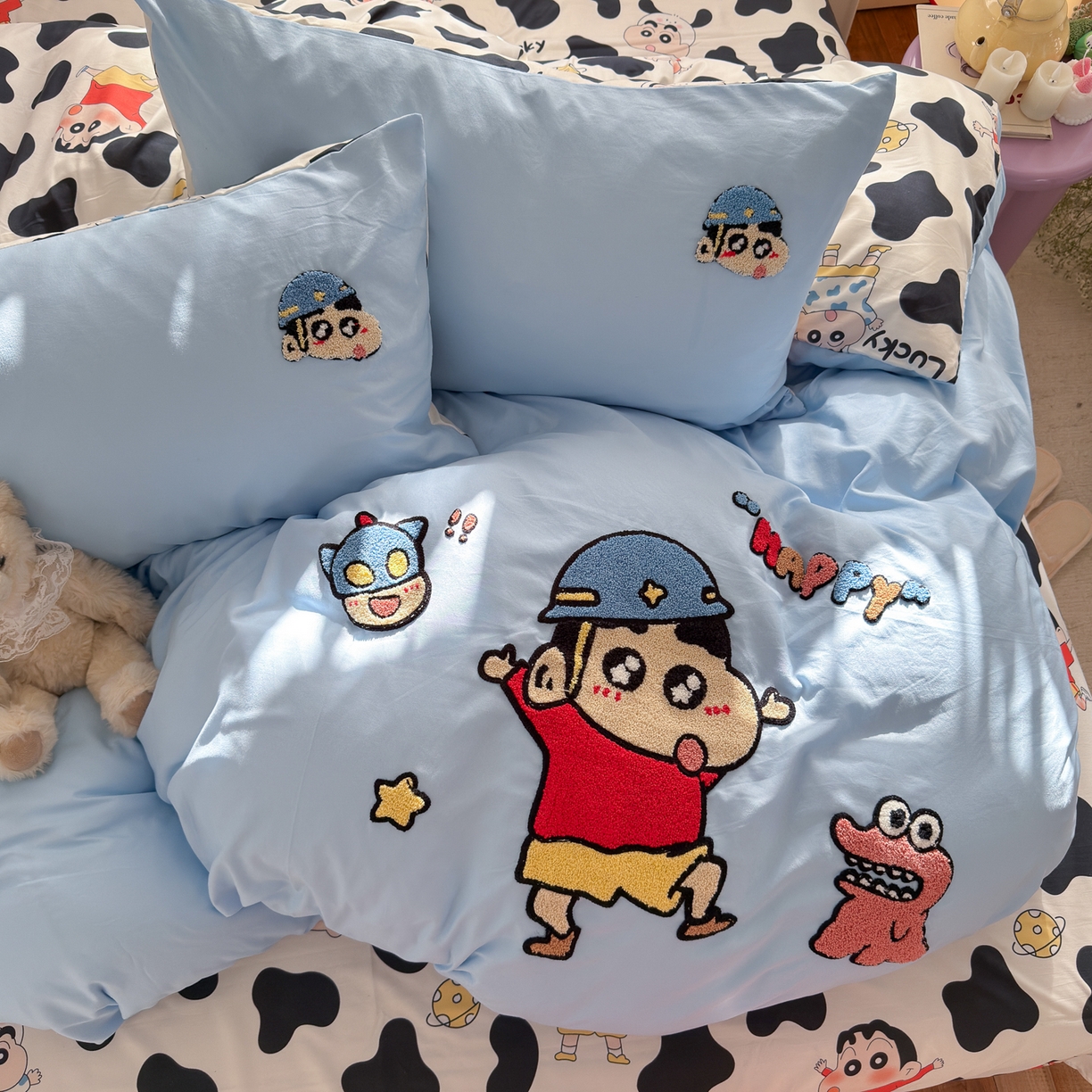 91家纺网 家纺一手货源 找家纺 优卡迪家纺馆 2026新款水洗棉印加绣四件套 动感涂鸭-天蓝