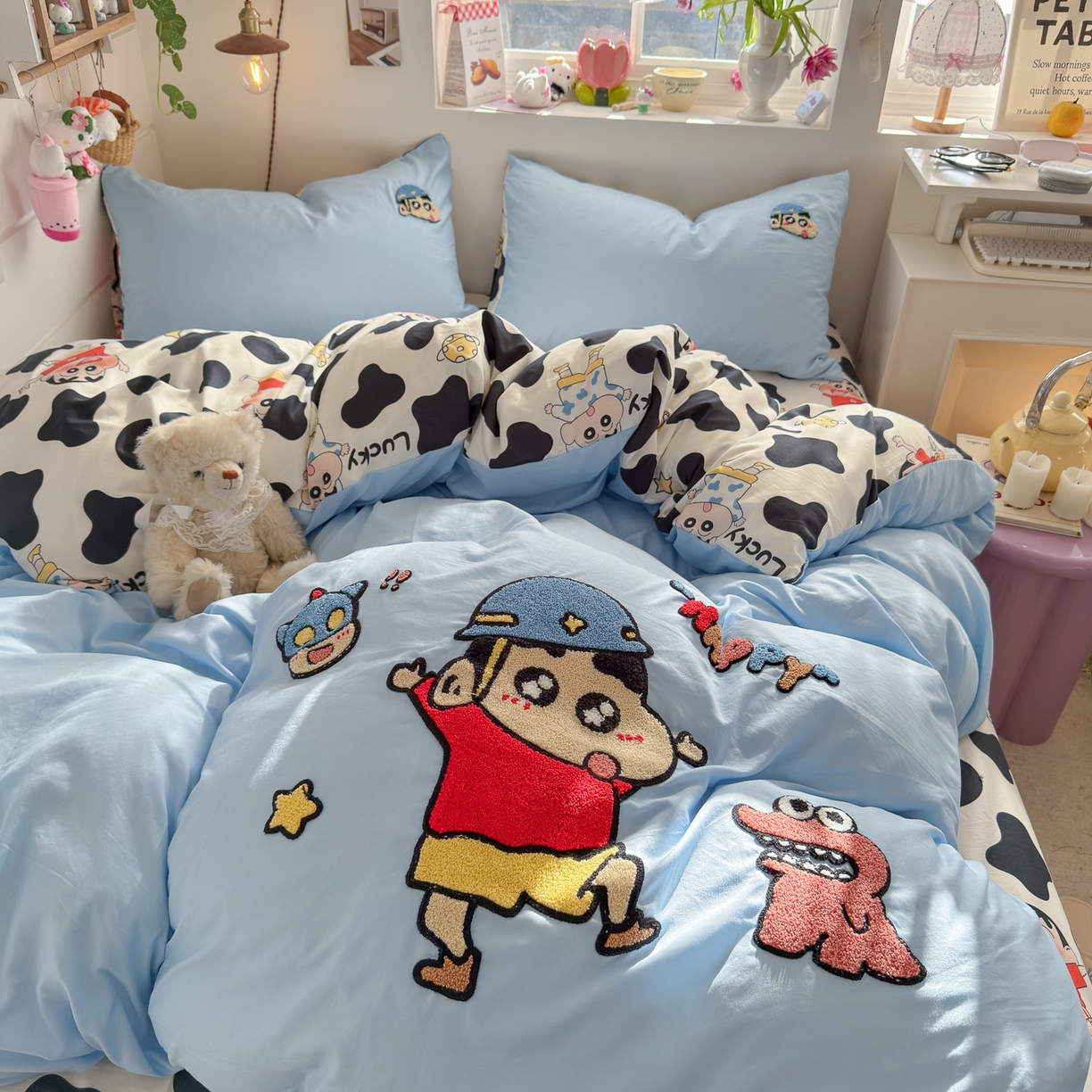 91家纺网 家纺一手货源 找家纺 优卡迪家纺馆 2026新款水洗棉印加绣四件套 动感涂鸭-天蓝