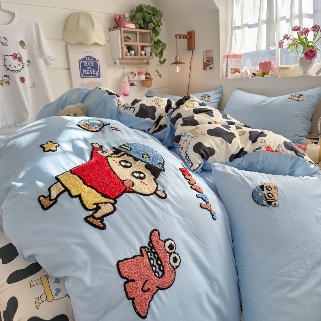 91家纺网 家纺一手货源 找家纺 优卡迪家纺馆 2026新款水洗棉印加绣四件套 动感涂鸭-天蓝