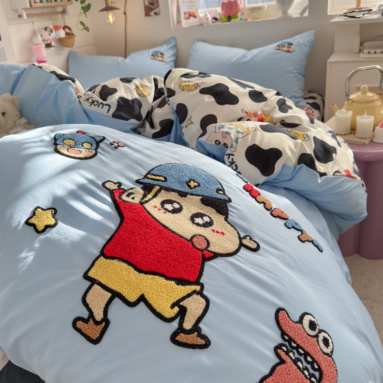 91家纺网 家纺一手货源 找家纺 优卡迪家纺馆 2026新款水洗棉印加绣四件套 动感涂鸭-天蓝