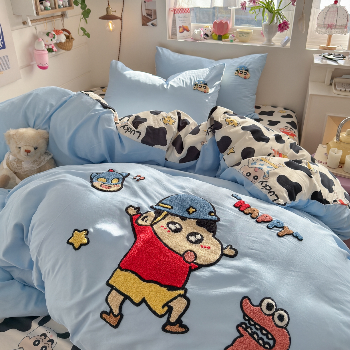 91家纺网 家纺一手货源 找家纺 优卡迪家纺馆 2026新款水洗棉印加绣四件套 动感涂鸭-天蓝