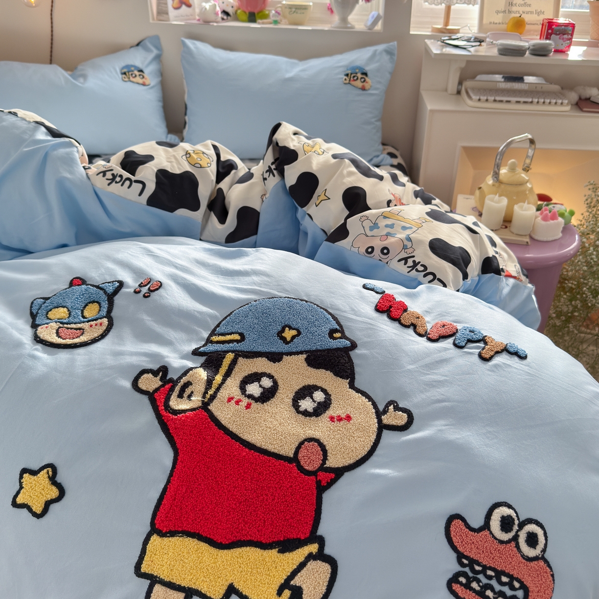 91家纺网 家纺一手货源 找家纺 优卡迪家纺馆 2026新款水洗棉印加绣四件套 动感涂鸭-天蓝