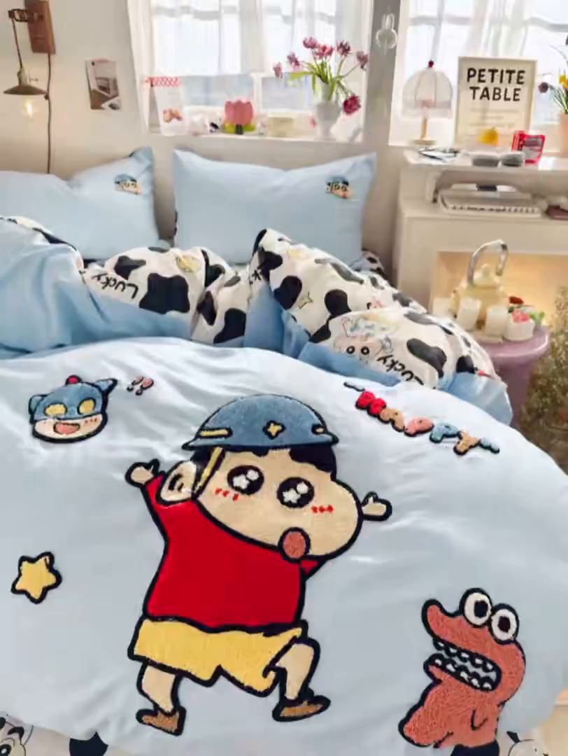 91家纺网 家纺一手货源 找家纺 优卡迪家纺馆 2026新款水洗棉印加绣四件套 动感涂鸭-天蓝