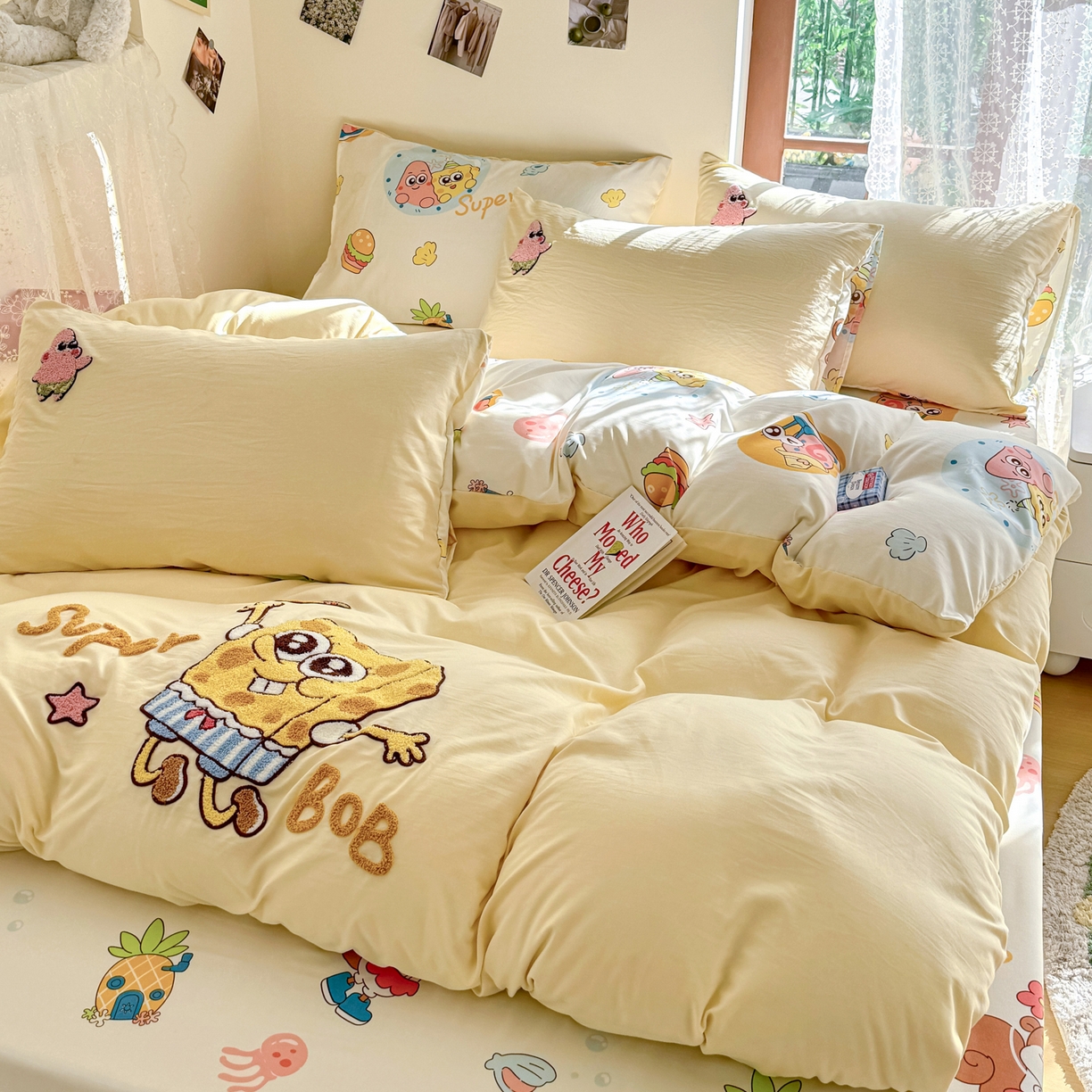 91家纺网 家纺一手货源 找家纺 优卡迪家纺馆 2026新款水洗棉印加绣四件套 海绵宝宝-奶黄
