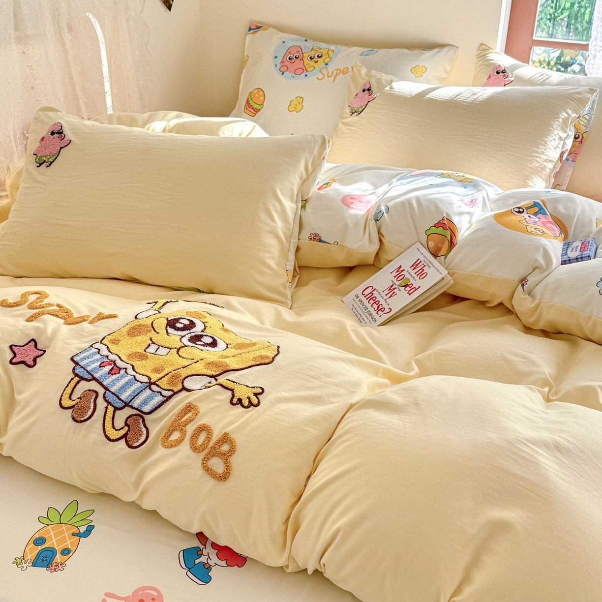 91家纺网 家纺一手货源 找家纺 优卡迪家纺馆 2026新款水洗棉印加绣四件套 海绵宝宝-奶黄