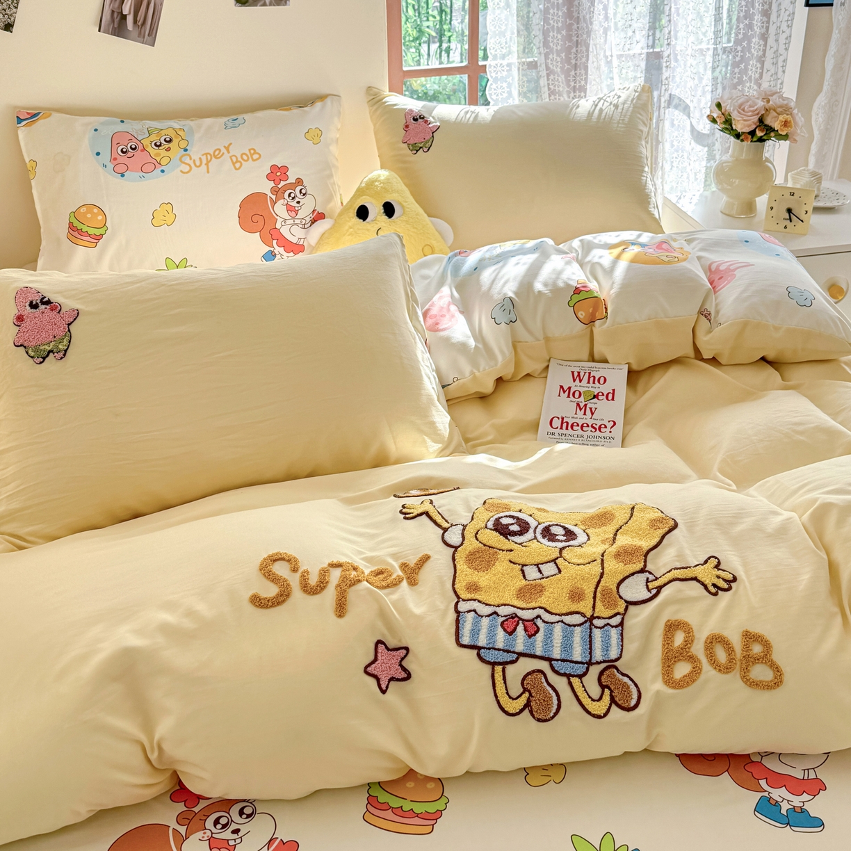 91家纺网 家纺一手货源 找家纺 优卡迪家纺馆 2026新款水洗棉印加绣四件套 海绵宝宝-奶黄