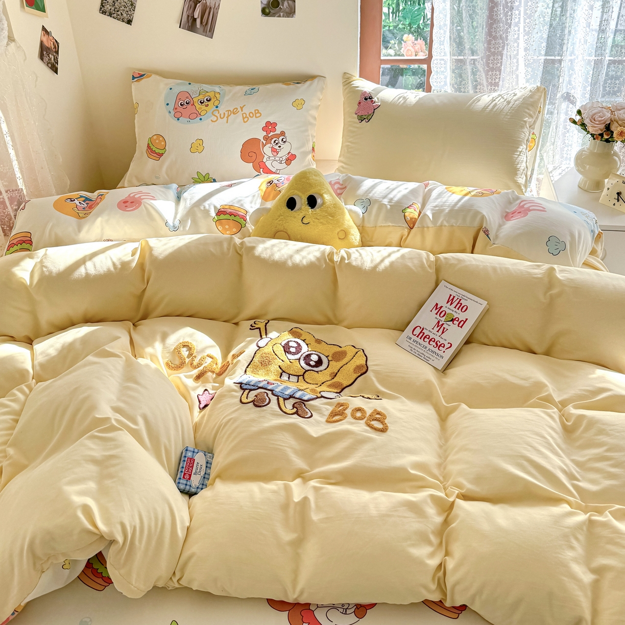 91家纺网 家纺一手货源 找家纺 优卡迪家纺馆 2026新款水洗棉印加绣四件套 海绵宝宝-奶黄