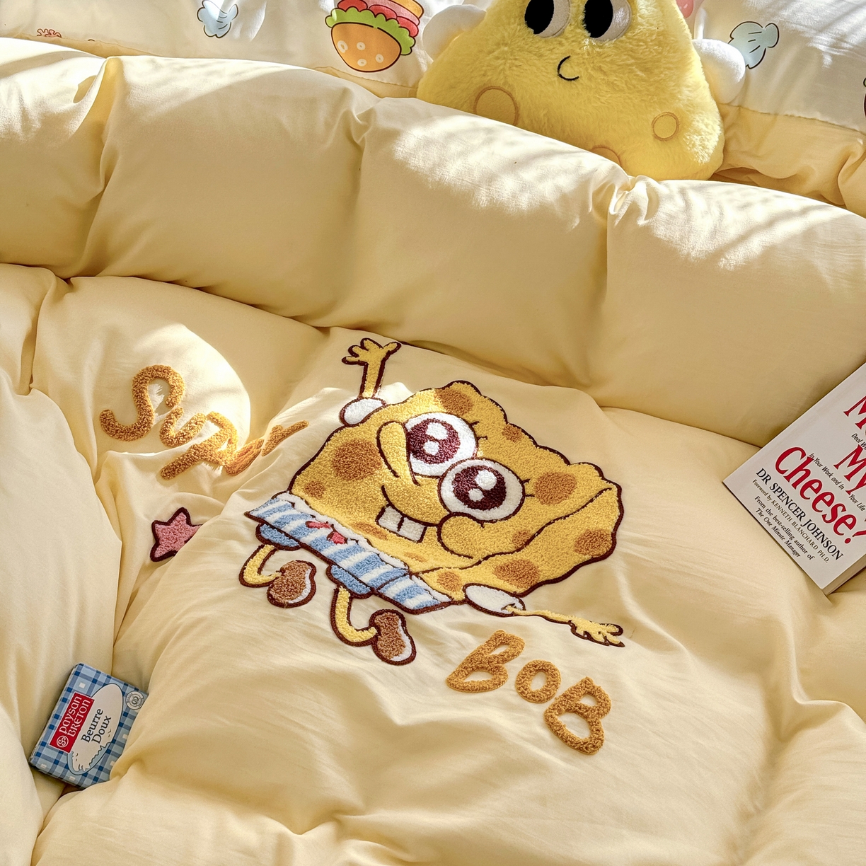 91家纺网 家纺一手货源 找家纺 优卡迪家纺馆 2026新款水洗棉印加绣四件套 海绵宝宝-奶黄