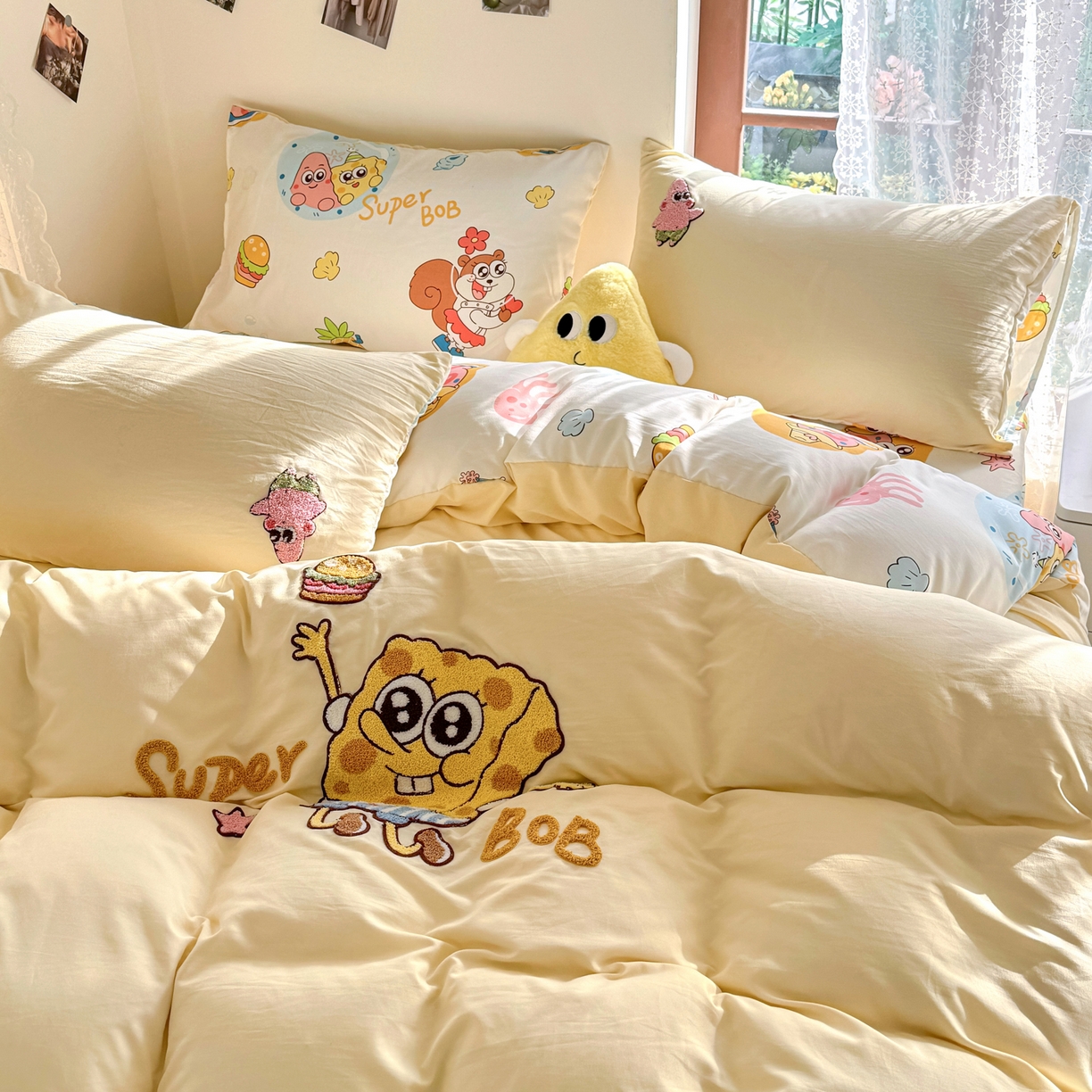 91家纺网 家纺一手货源 找家纺 优卡迪家纺馆 2026新款水洗棉印加绣四件套 海绵宝宝-奶黄