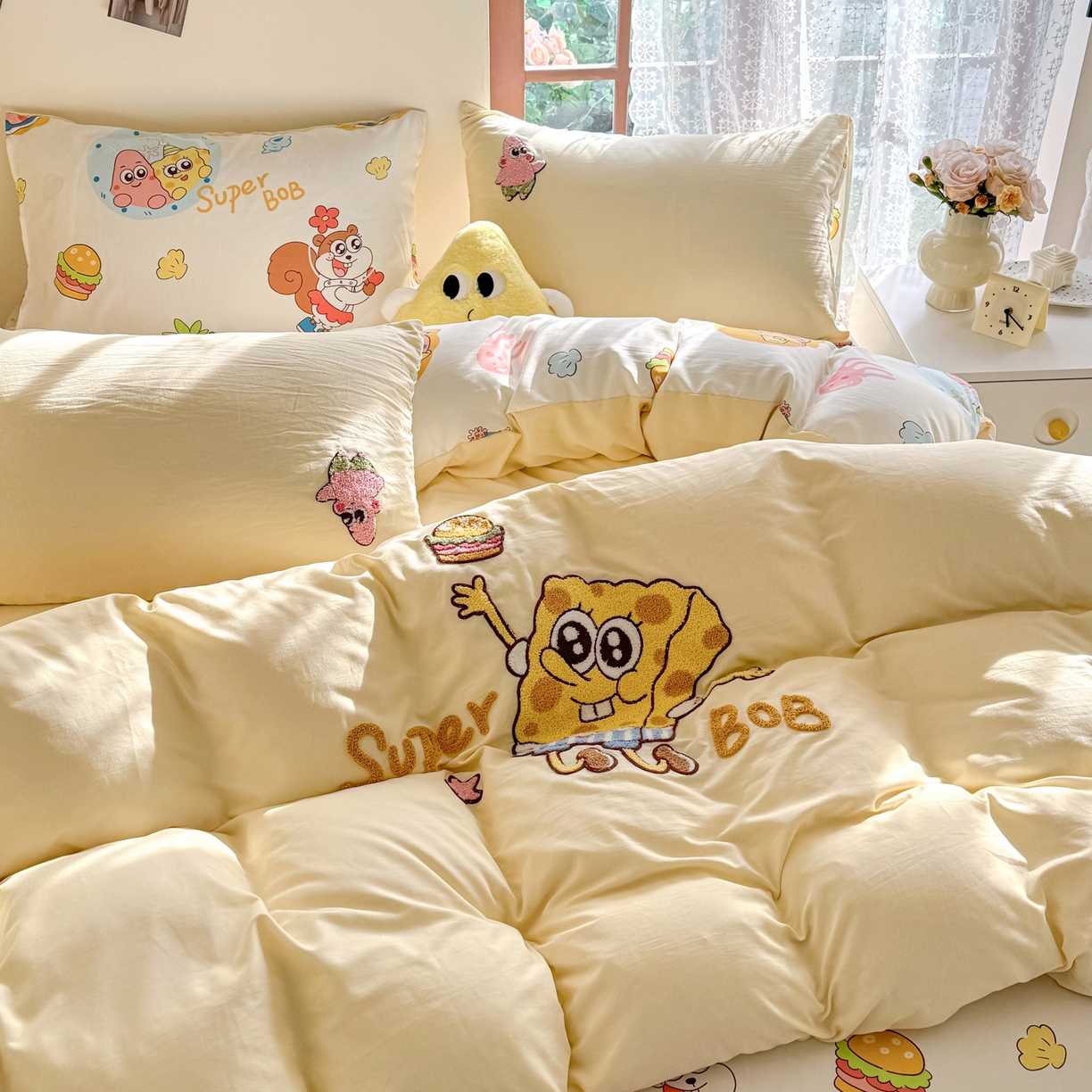 91家纺网 家纺一手货源 找家纺 优卡迪家纺馆 2026新款水洗棉印加绣四件套 海绵宝宝-奶黄