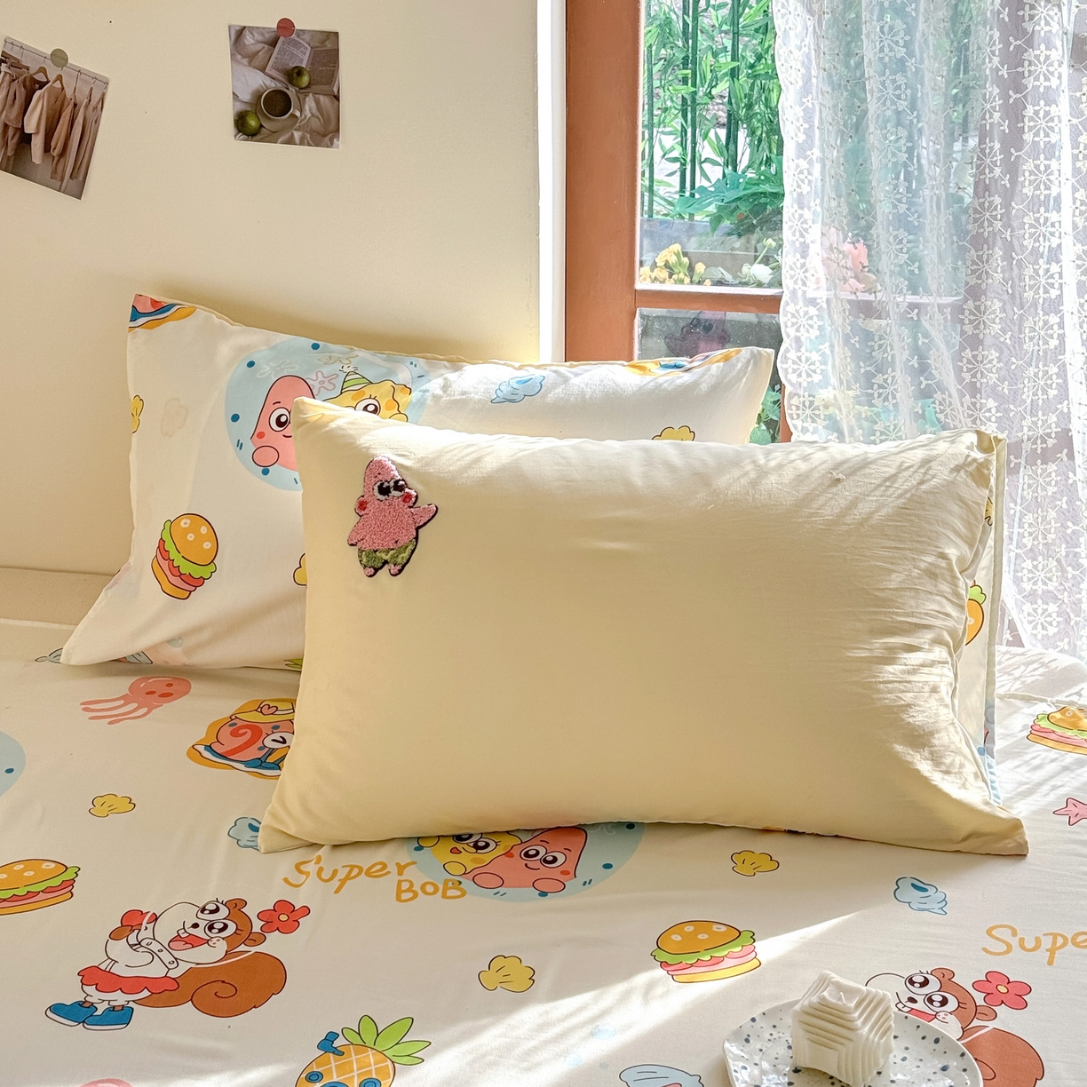 91家纺网 家纺一手货源 找家纺 优卡迪家纺馆 2026新款水洗棉印加绣四件套 海绵宝宝-奶黄