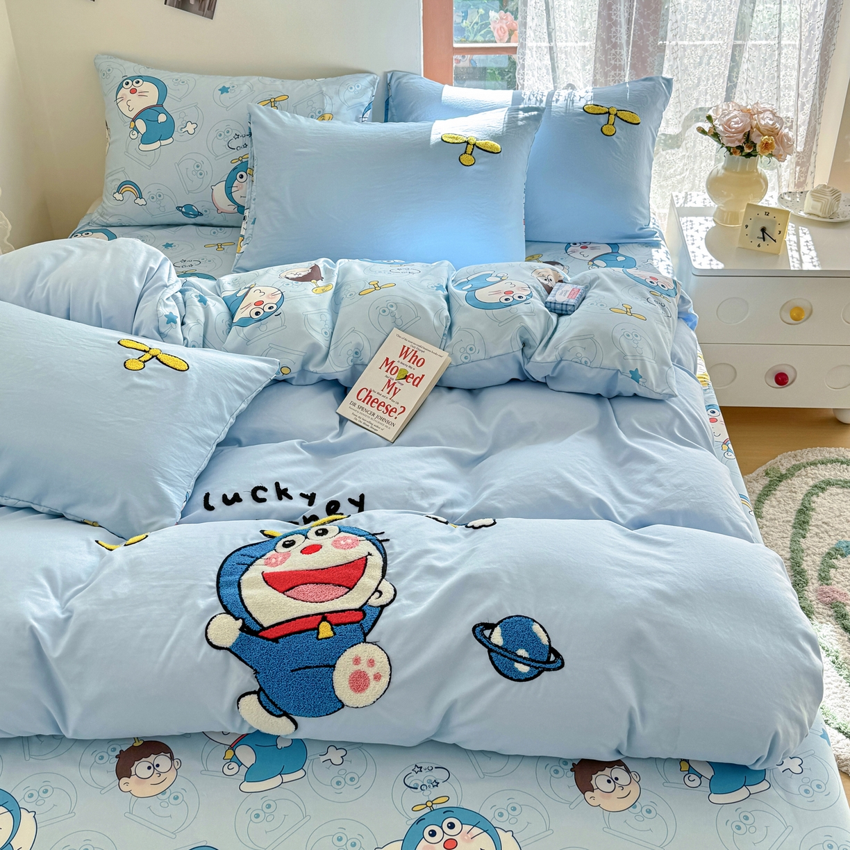优卡迪家纺馆 2026新款水洗棉印加绣四件套 机器猫-天蓝