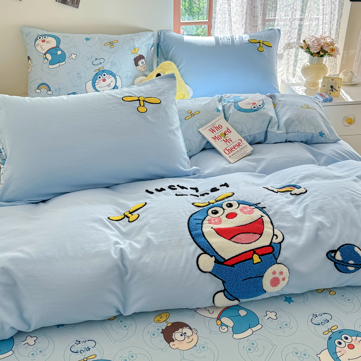 91家纺网 家纺一手货源 找家纺 优卡迪家纺馆 2026新款水洗棉印加绣四件套 机器猫-天蓝