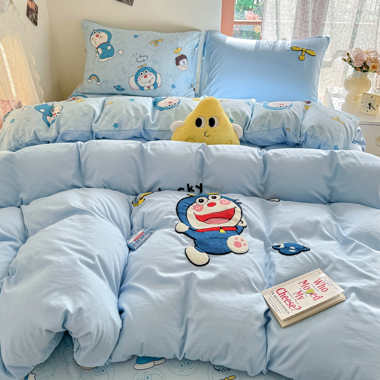 91家纺网 家纺一手货源 找家纺 优卡迪家纺馆 2026新款水洗棉印加绣四件套 机器猫-天蓝