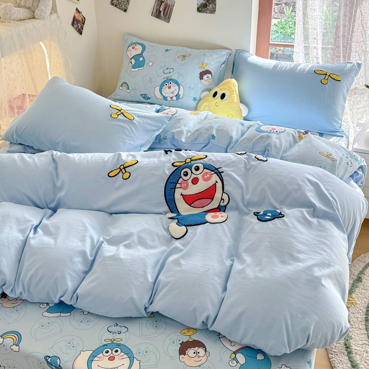 91家纺网 家纺一手货源 找家纺 优卡迪家纺馆 2026新款水洗棉印加绣四件套 机器猫-天蓝