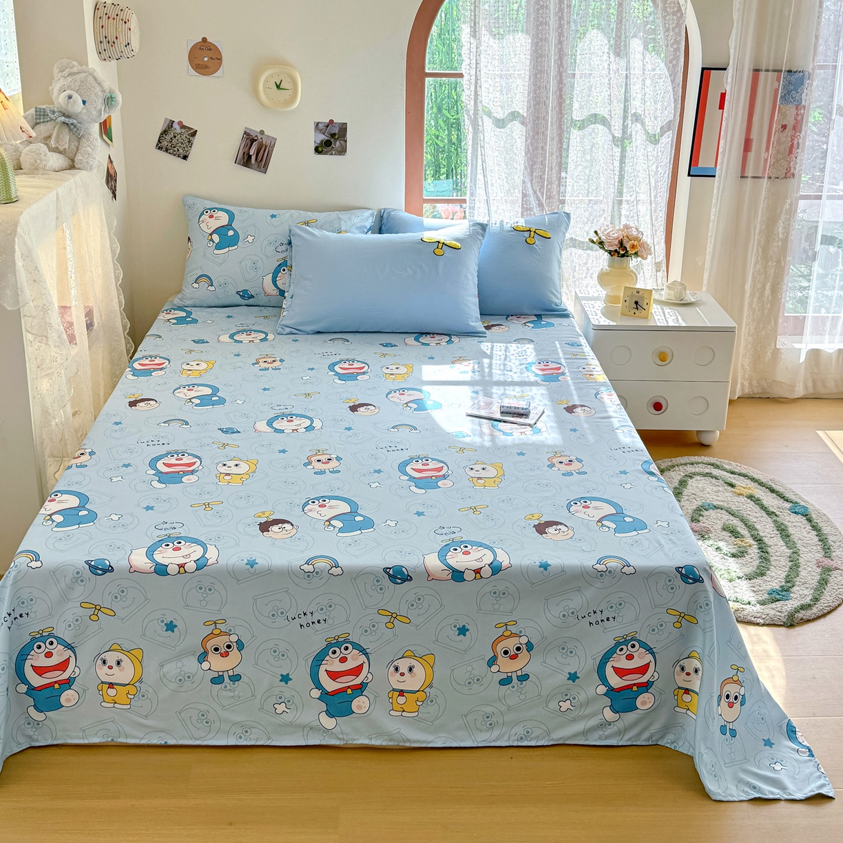 91家纺网 家纺一手货源 找家纺 优卡迪家纺馆 2026新款水洗棉印加绣四件套 机器猫-天蓝