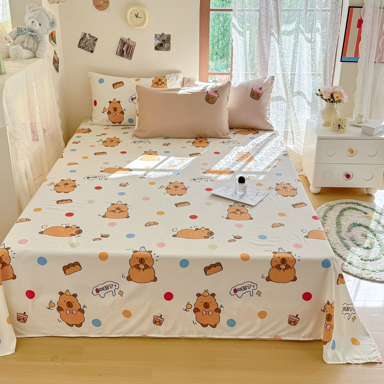 91家纺网 家纺一手货源 找家纺 优卡迪家纺馆 2026新款水洗棉印加绣四件套 卡皮巴拉-杏色