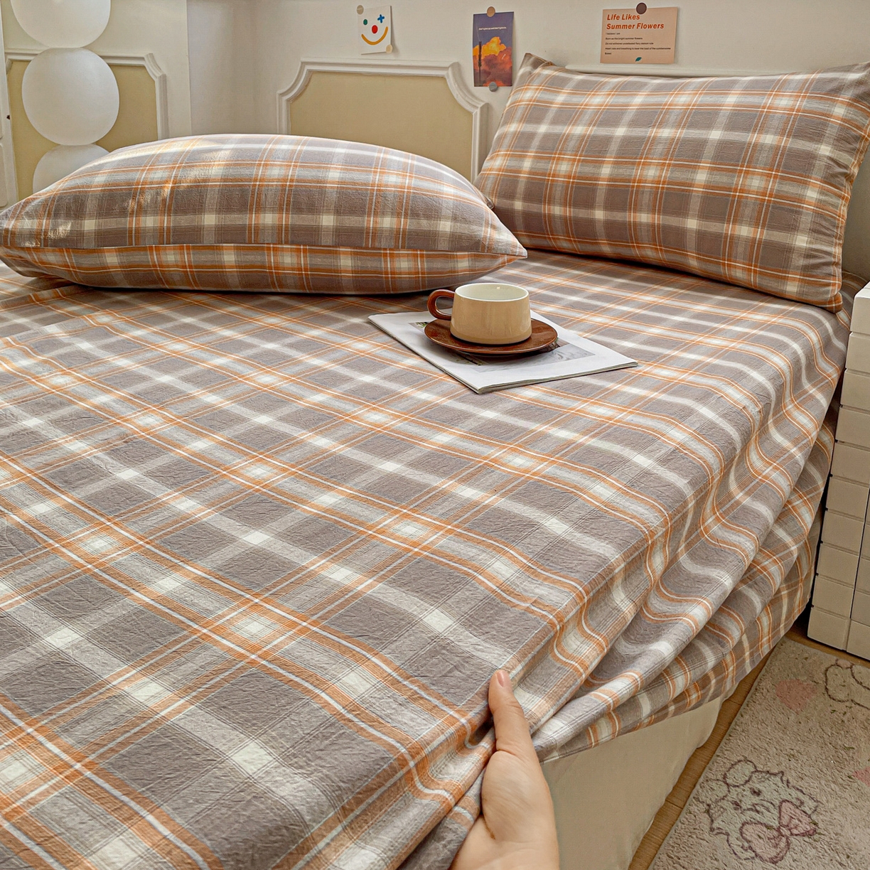 91家纺网 家纺一手货源 找家纺 （总）柠萌家居 2026新款全棉A类色织水洗棉母婴级简约格子三件套床单