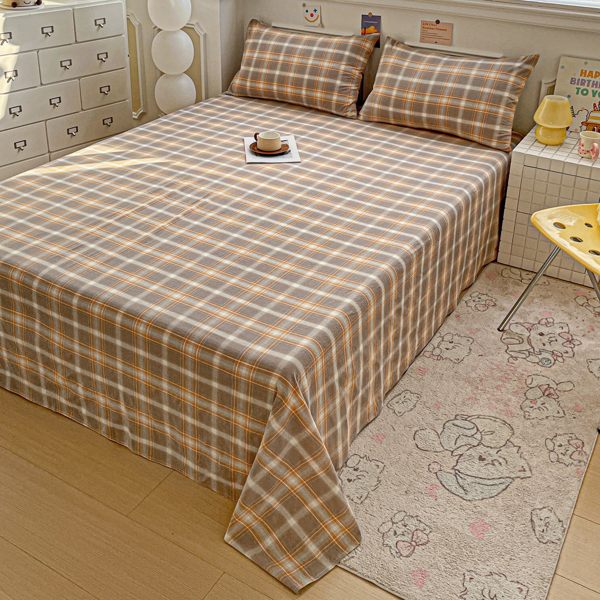 91家纺网 家纺一手货源 找家纺 （总）柠萌家居 2026新款全棉A类色织水洗棉母婴级简约格子三件套床单