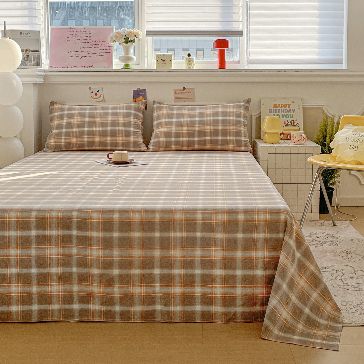 91家纺网 家纺一手货源 找家纺 （总）柠萌家居 2026新款全棉A类色织水洗棉母婴级简约格子三件套床单