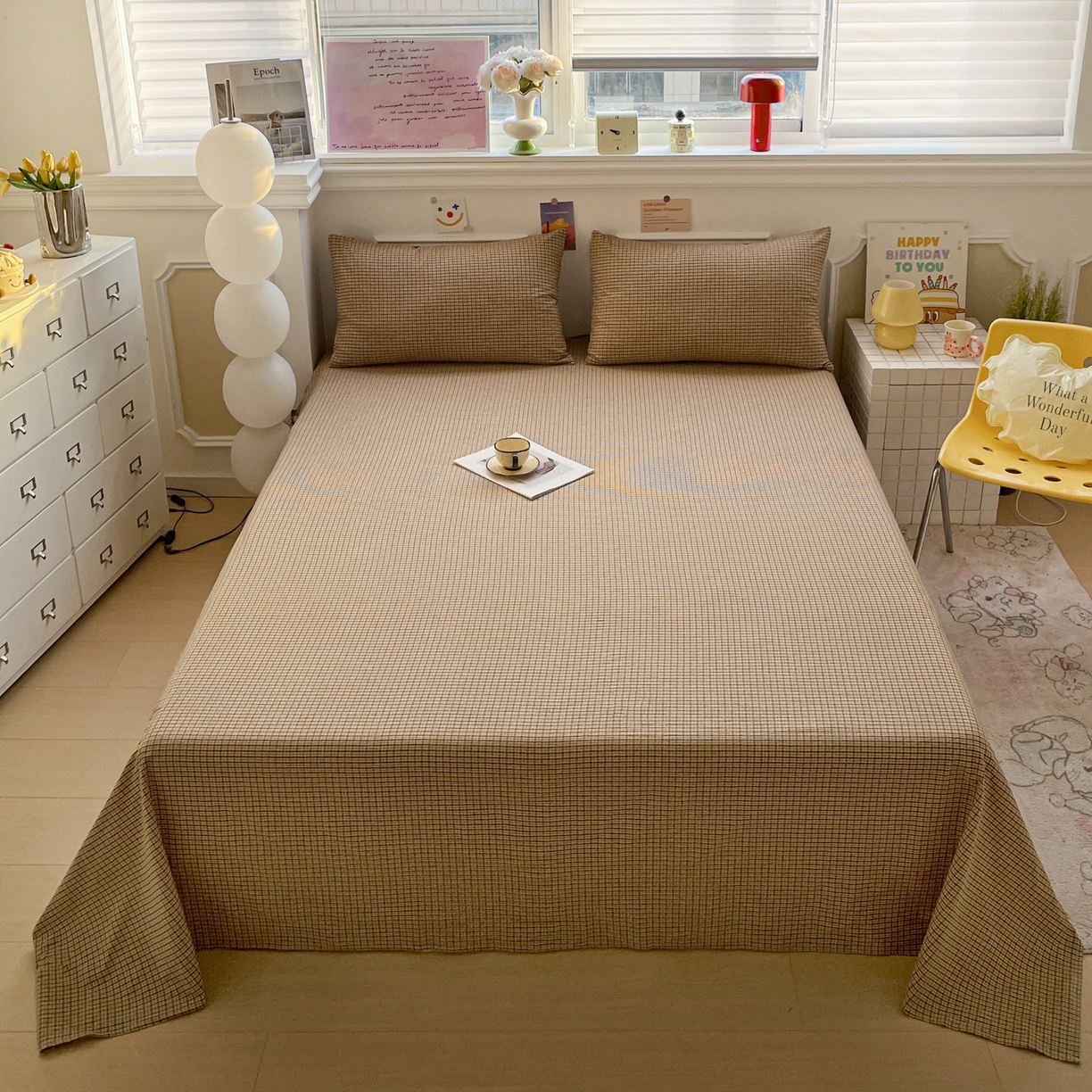 91家纺网 家纺一手货源 找家纺 （总）柠萌家居 2026新款全棉A类色织水洗棉母婴级简约格子三件套床单