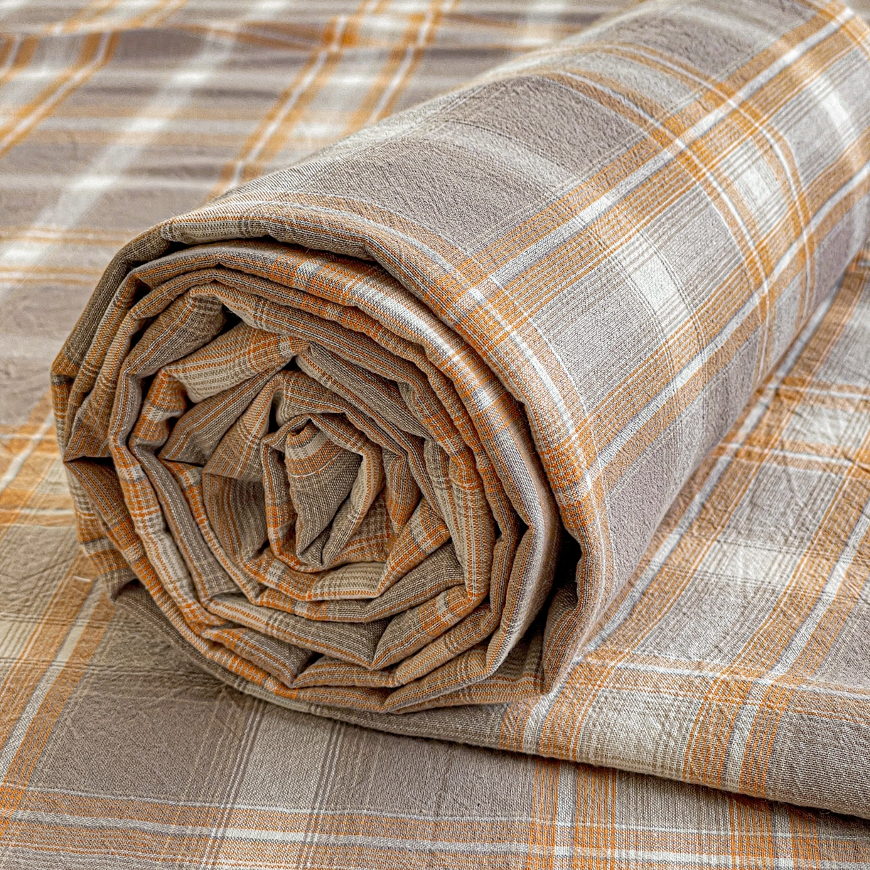 91家纺网 家纺一手货源 找家纺 柠萌家居 2026新款全棉A类色织水洗棉母婴级简约格子三件套床单 诺卡-咖