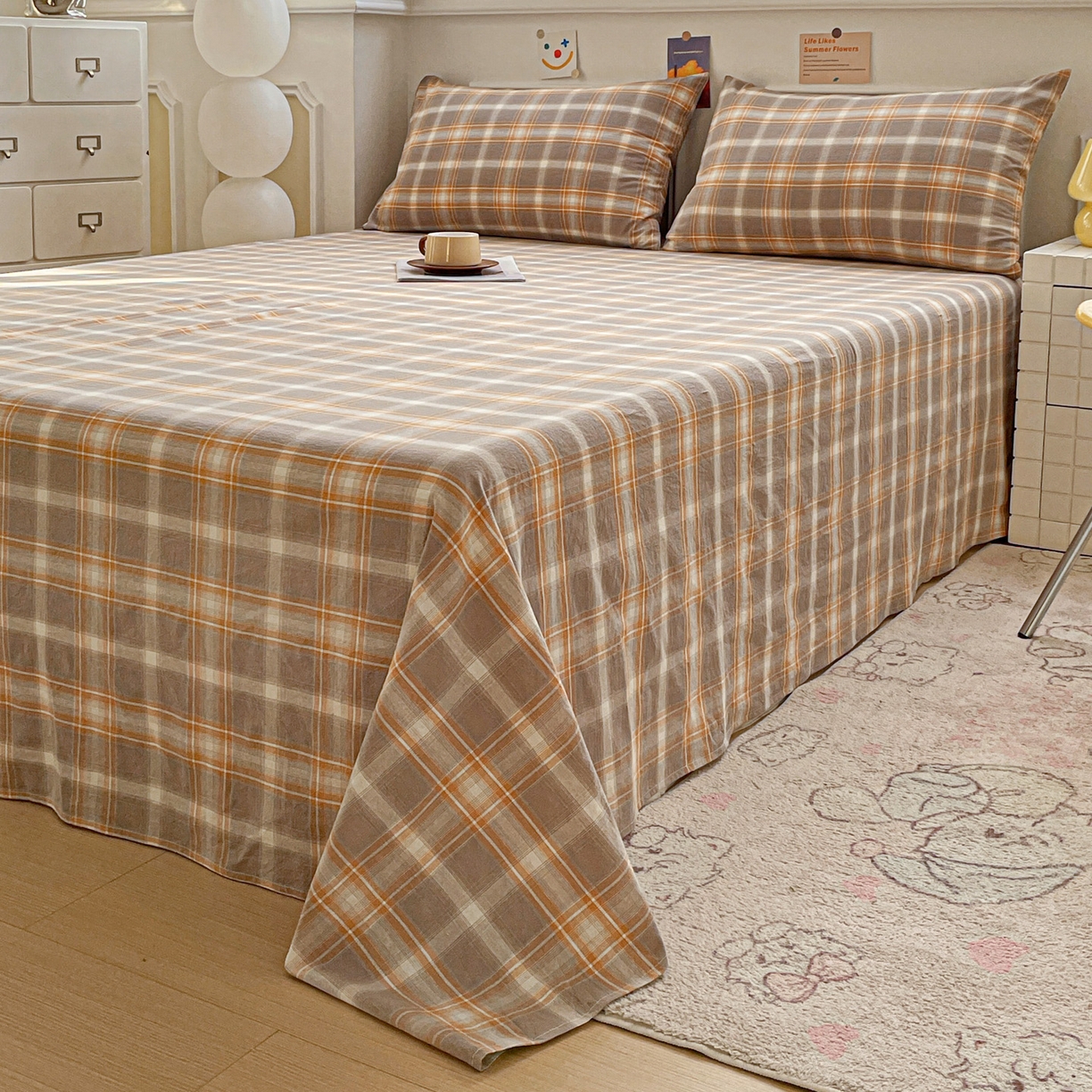 91家纺网 家纺一手货源 找家纺 柠萌家居 2026新款全棉A类色织水洗棉母婴级简约格子三件套床单 诺卡-咖