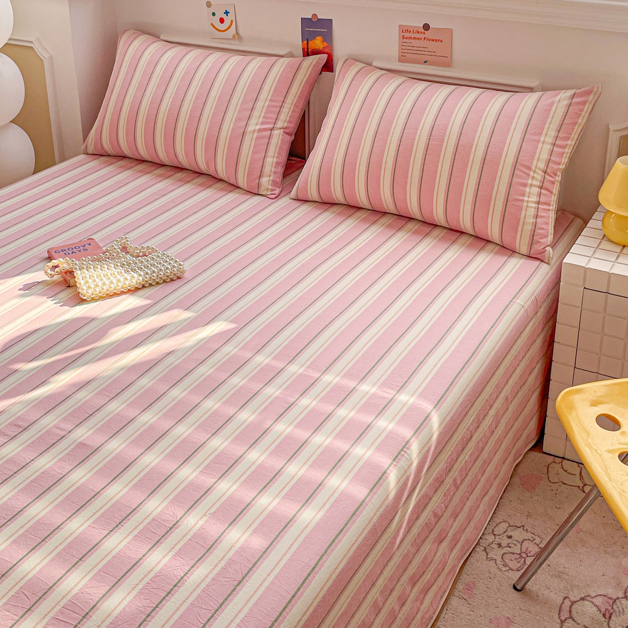 91家纺网 家纺一手货源 找家纺 柠萌家居 2026新款全棉A类色织水洗棉母婴级简约格子三件套床单 倾城-粉