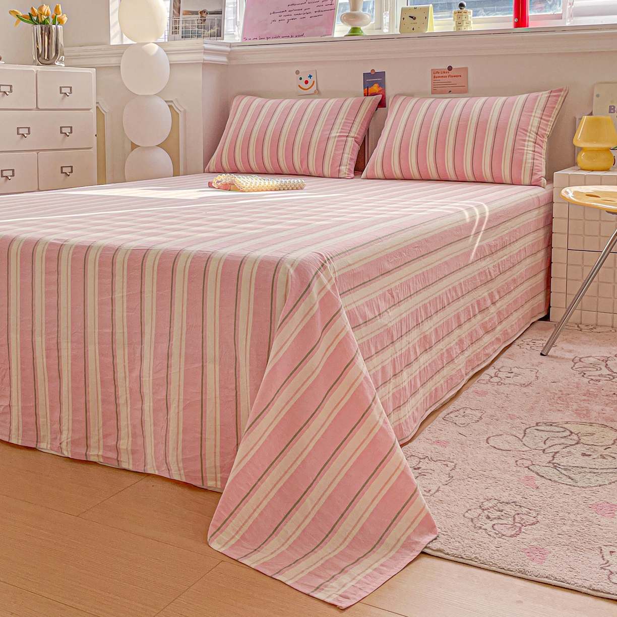 91家纺网 家纺一手货源 找家纺 柠萌家居 2026新款全棉A类色织水洗棉母婴级简约格子三件套床单 倾城-粉