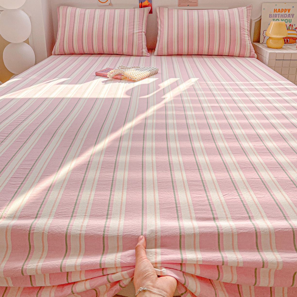 91家纺网 家纺一手货源 找家纺 柠萌家居 2026新款全棉A类色织水洗棉母婴级简约格子三件套床单 倾城-粉