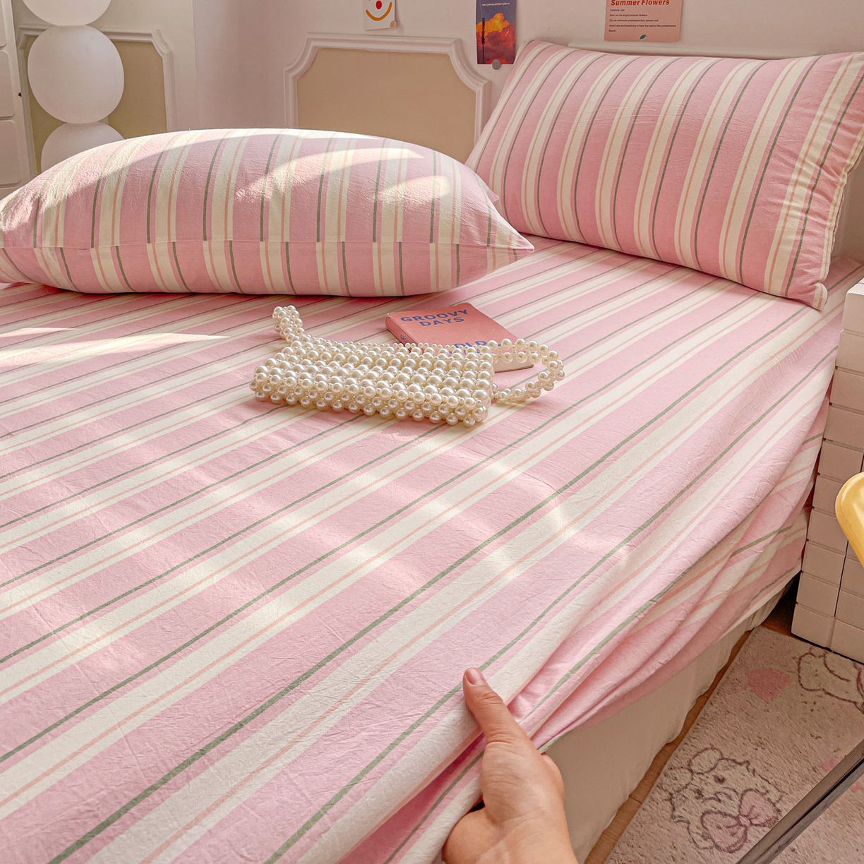 91家纺网 家纺一手货源 找家纺 柠萌家居 2026新款全棉A类色织水洗棉母婴级简约格子三件套床单 倾城-粉