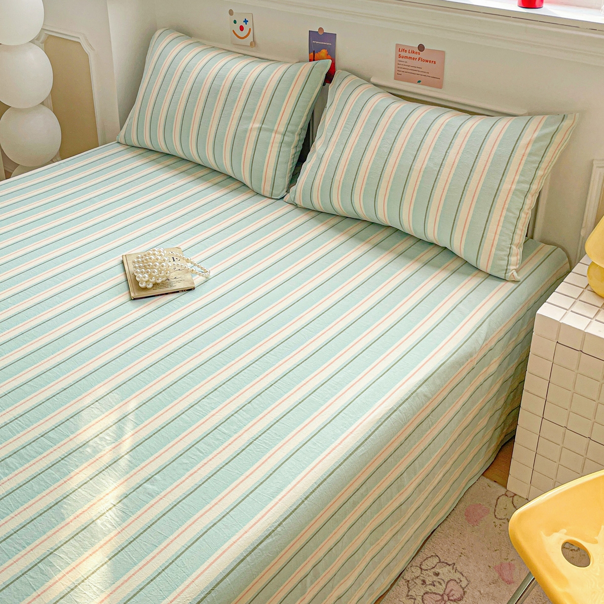 91家纺网 家纺一手货源 找家纺 柠萌家居 2026新款全棉A类色织水洗棉母婴级简约格子三件套床单 倾城-蓝