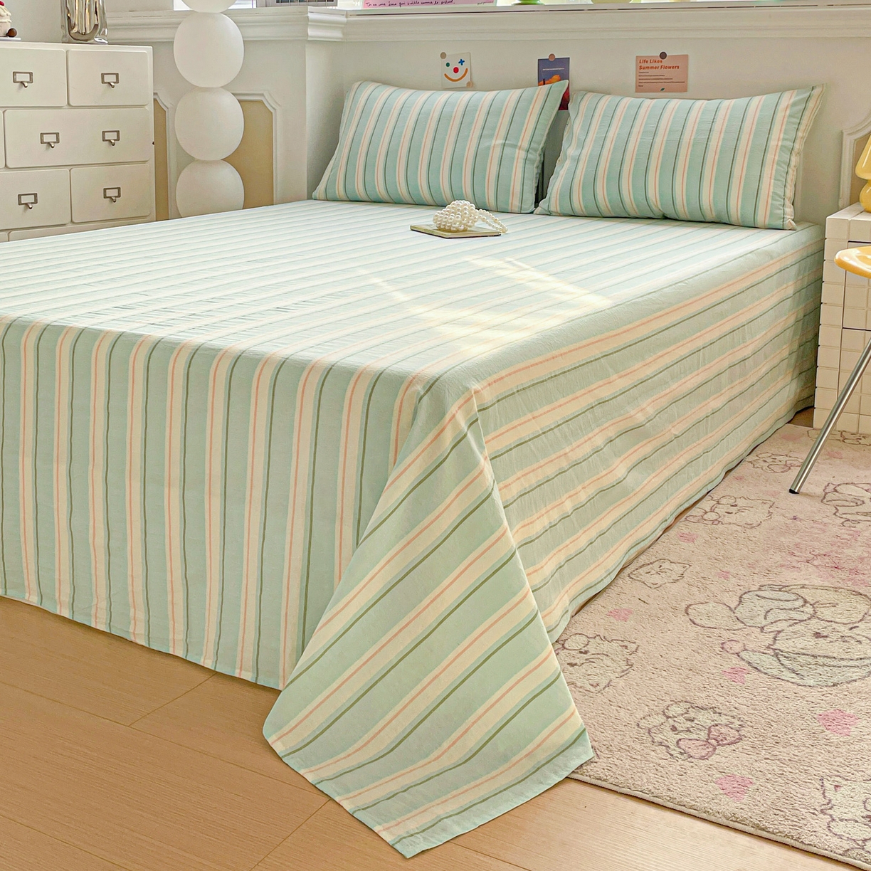 91家纺网 家纺一手货源 找家纺 柠萌家居 2026新款全棉A类色织水洗棉母婴级简约格子三件套床单 倾城-蓝