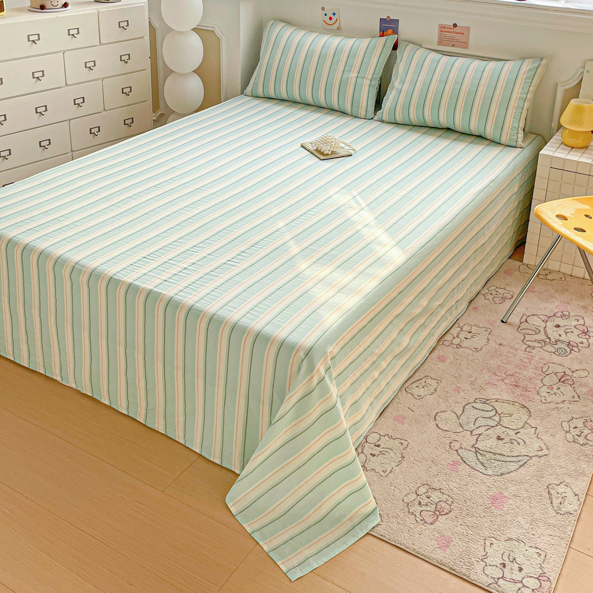 91家纺网 家纺一手货源 找家纺 柠萌家居 2026新款全棉A类色织水洗棉母婴级简约格子三件套床单 倾城-蓝