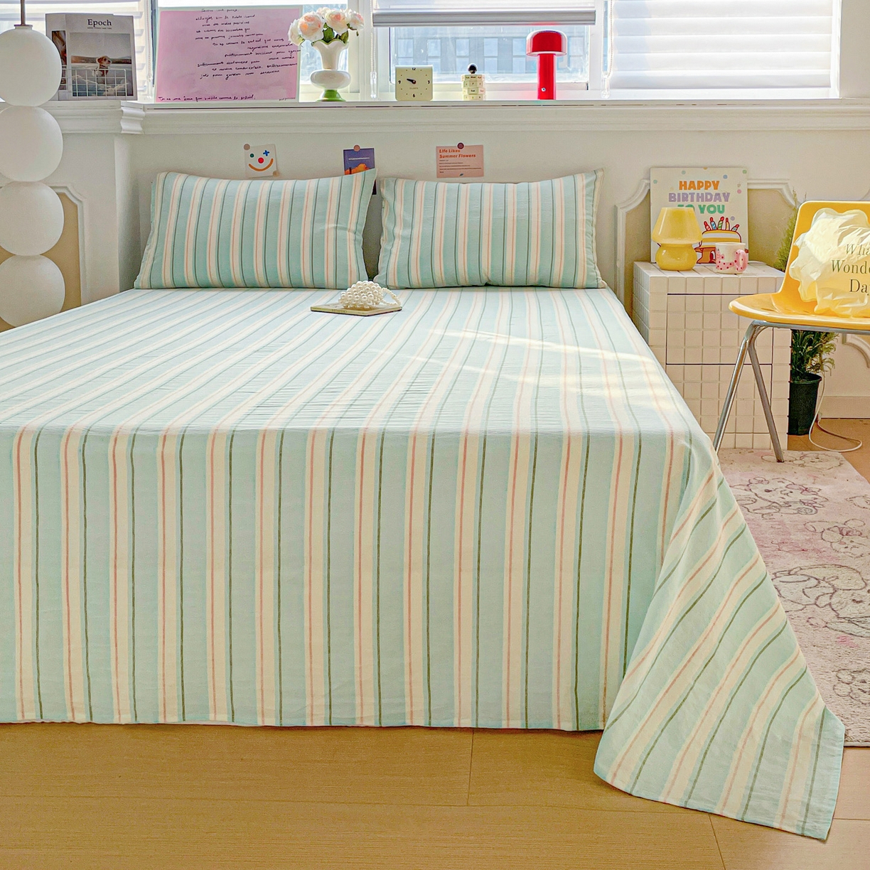 91家纺网 家纺一手货源 找家纺 柠萌家居 2026新款全棉A类色织水洗棉母婴级简约格子三件套床单 倾城-蓝