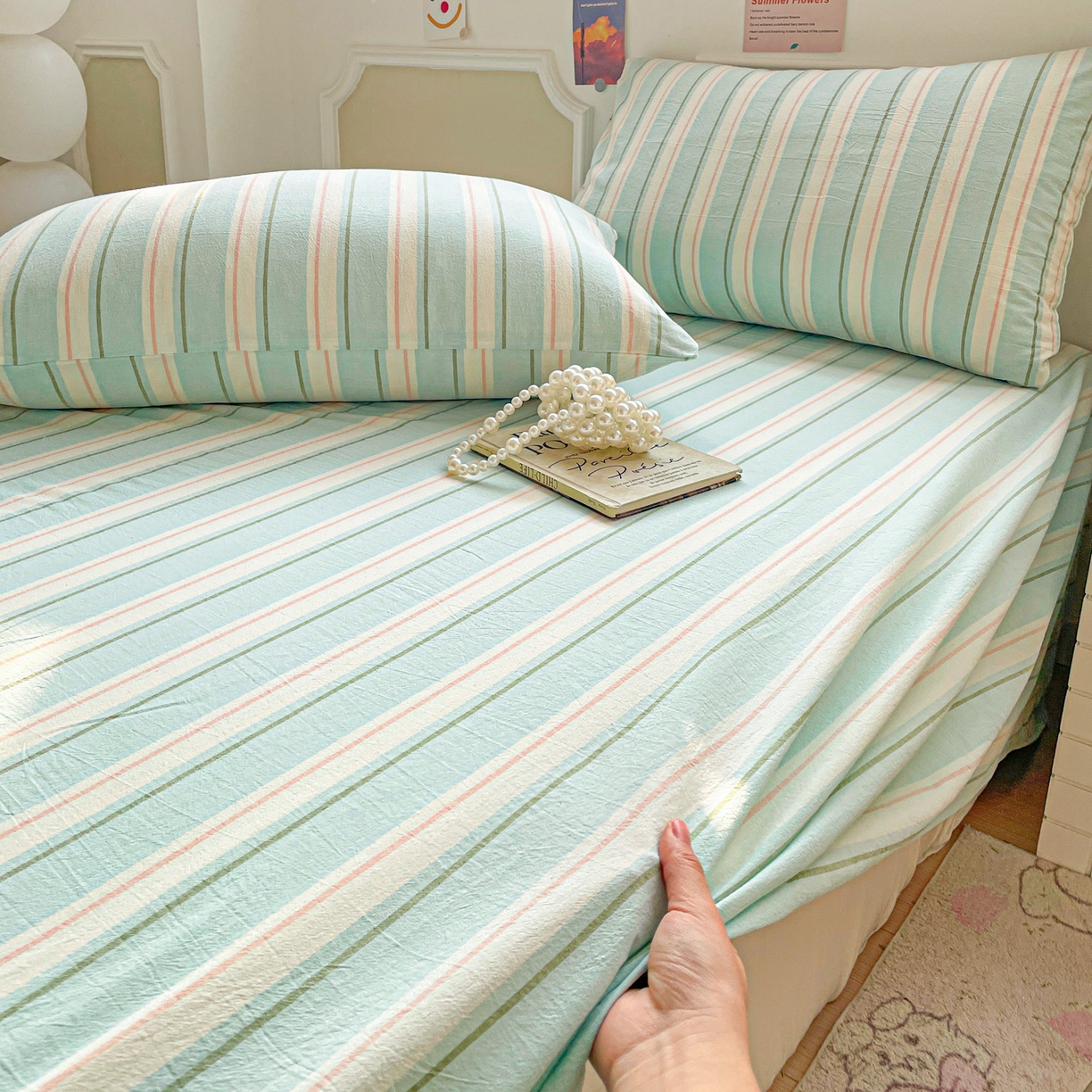 91家纺网 家纺一手货源 找家纺 柠萌家居 2026新款全棉A类色织水洗棉母婴级简约格子三件套床单 倾城-蓝