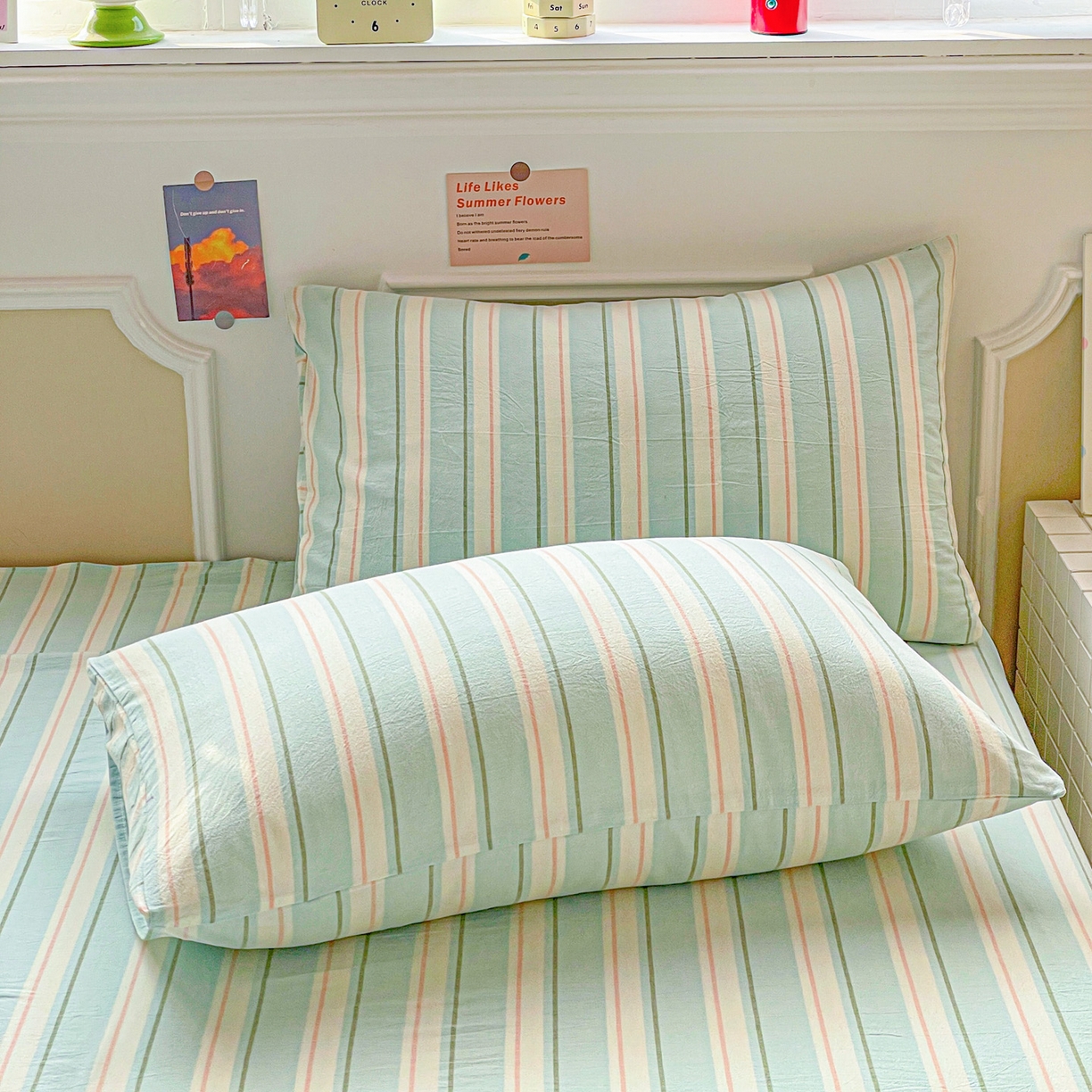 91家纺网 家纺一手货源 找家纺 柠萌家居 2026新款全棉A类色织水洗棉母婴级简约格子三件套床单 倾城-蓝