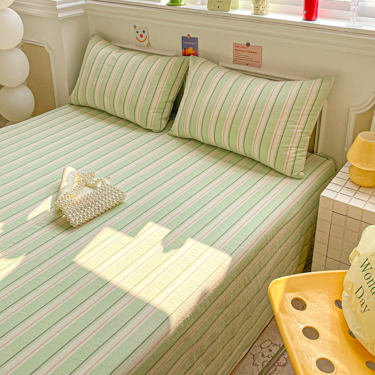 91家纺网 家纺一手货源 找家纺 柠萌家居 2026新款全棉A类色织水洗棉母婴级简约格子三件套床单 倾城-绿