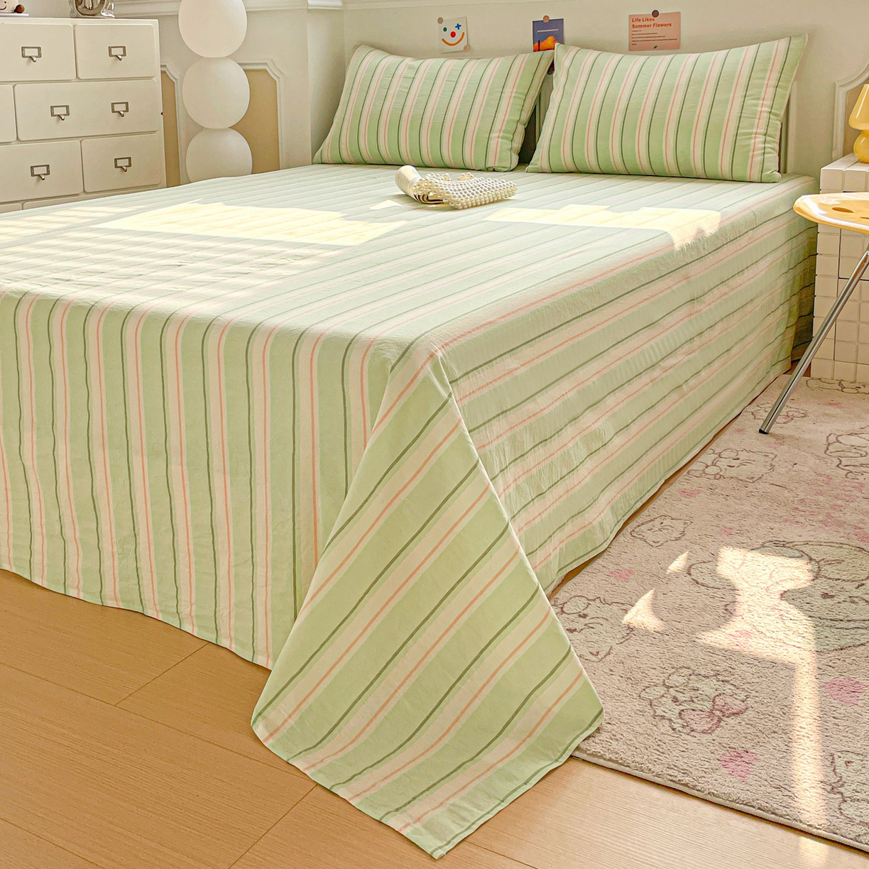 91家纺网 家纺一手货源 找家纺 柠萌家居 2026新款全棉A类色织水洗棉母婴级简约格子三件套床单 倾城-绿