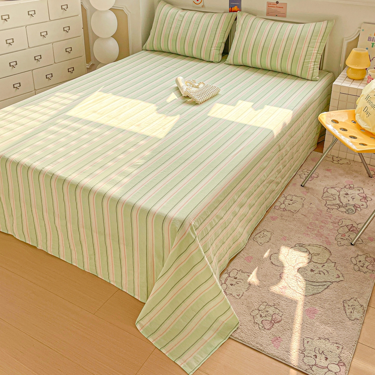 91家纺网 家纺一手货源 找家纺 柠萌家居 2026新款全棉A类色织水洗棉母婴级简约格子三件套床单 倾城-绿