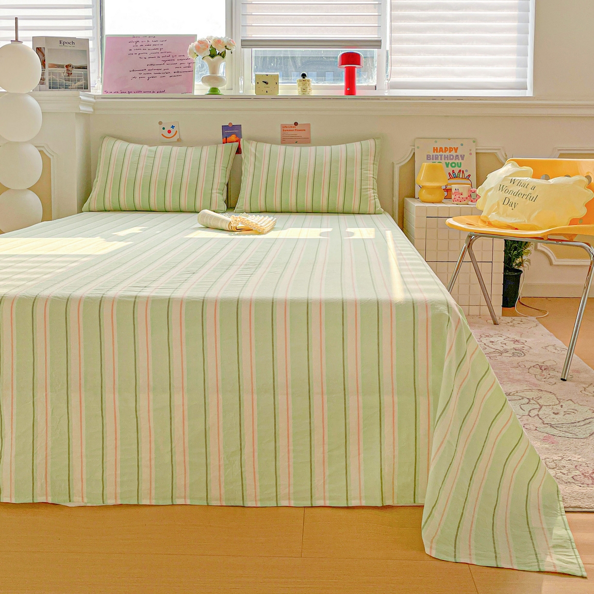 91家纺网 家纺一手货源 找家纺 柠萌家居 2026新款全棉A类色织水洗棉母婴级简约格子三件套床单 倾城-绿