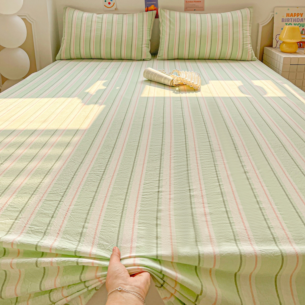 91家纺网 家纺一手货源 找家纺 柠萌家居 2026新款全棉A类色织水洗棉母婴级简约格子三件套床单 倾城-绿