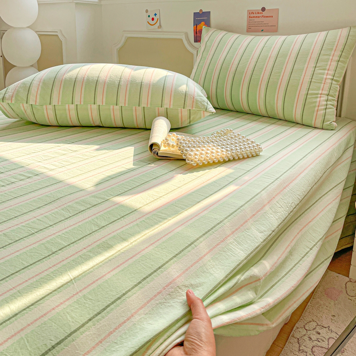 91家纺网 家纺一手货源 找家纺 柠萌家居 2026新款全棉A类色织水洗棉母婴级简约格子三件套床单 倾城-绿