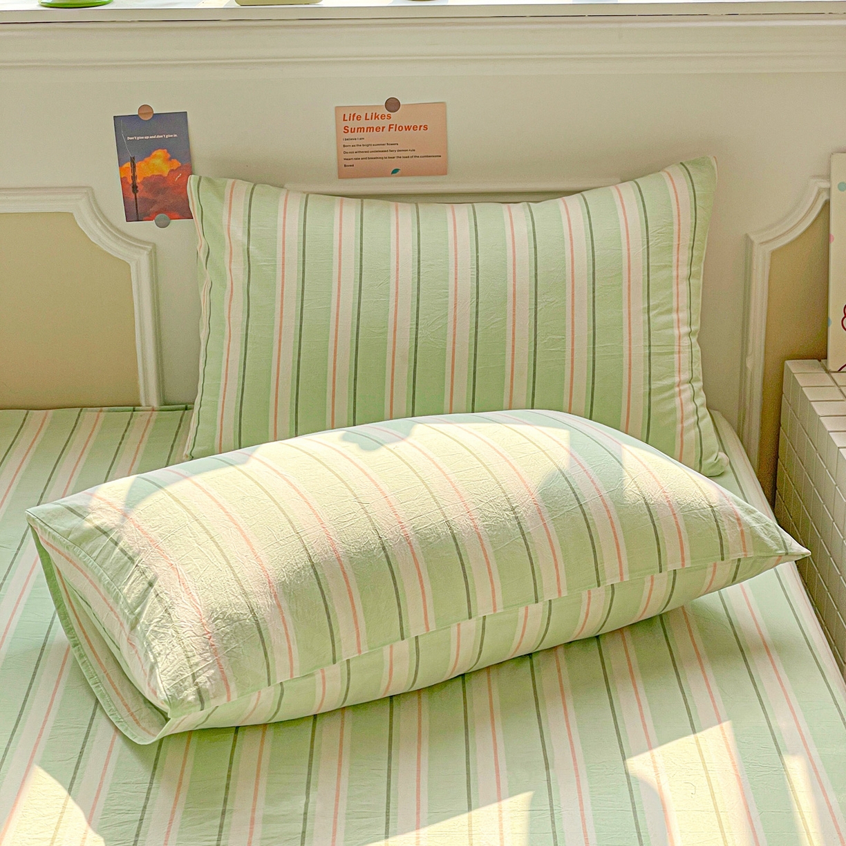 91家纺网 家纺一手货源 找家纺 柠萌家居 2026新款全棉A类色织水洗棉母婴级简约格子三件套床单 倾城-绿