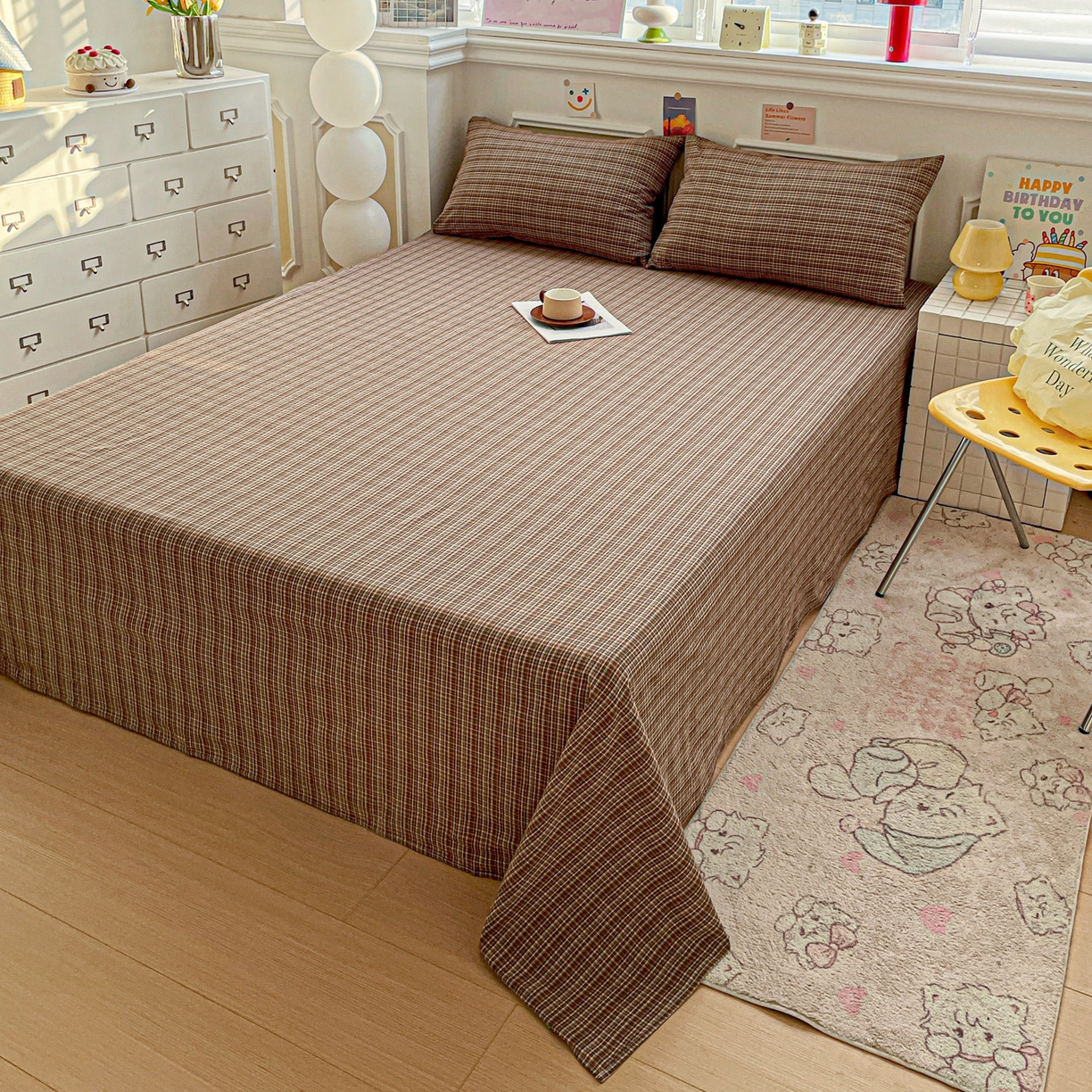 91家纺网 家纺一手货源 找家纺 柠萌家居 2026新款全棉A类色织水洗棉母婴级简约格子三件套床单 苏格兰-咖