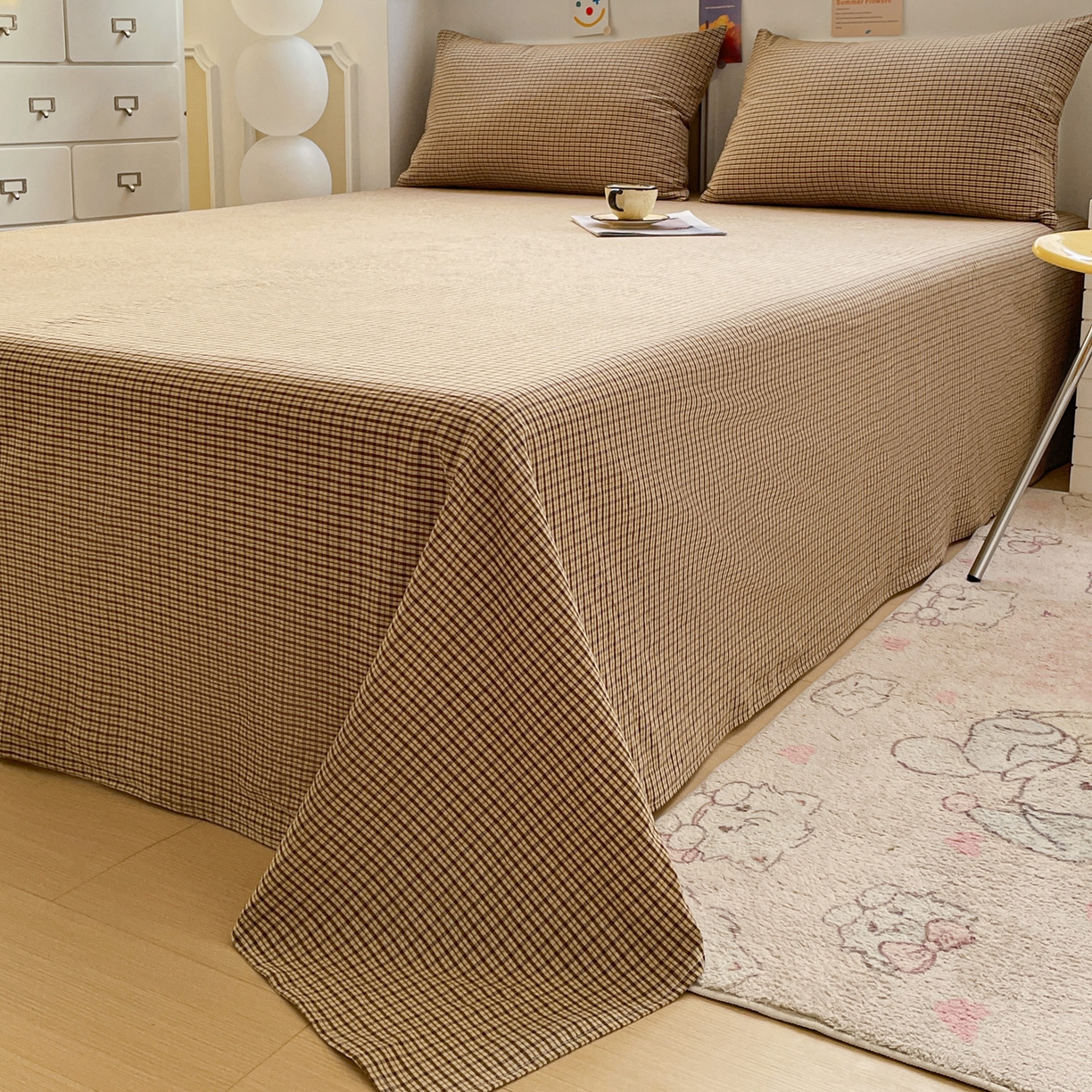 91家纺网 家纺一手货源 找家纺 柠萌家居 2026新款全棉A类色织水洗棉母婴级简约格子三件套床单 苏格兰-卡其